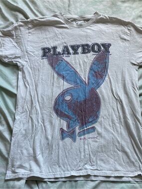 PLAYBOY White Tee with Blue and Purple Bunny Graphic